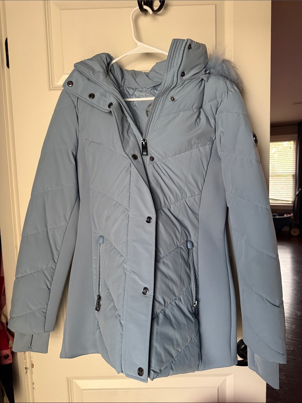 Michael Kors Light Blue Quilted Hooded Winter Coat